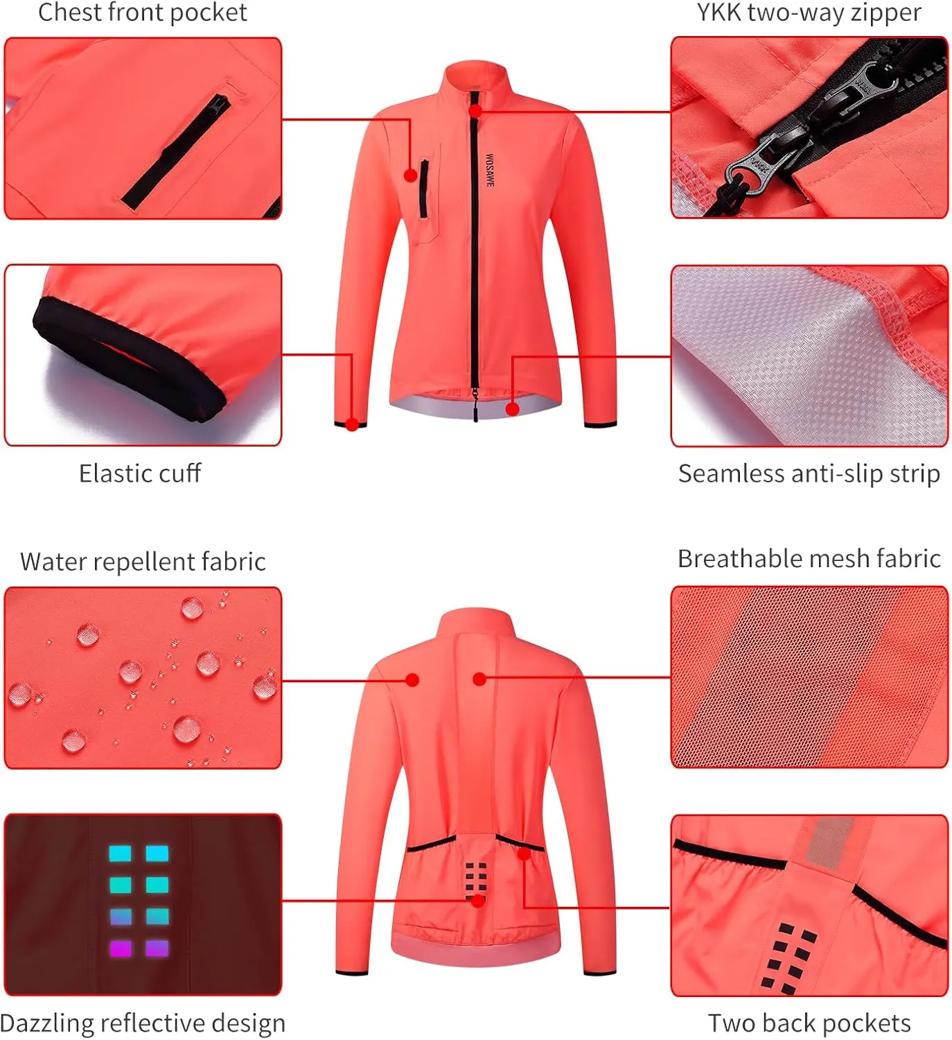 WOSAWE Women's Cycling Jacket Lightweight Breathable Mountain Bike Tops Running Sports Coat