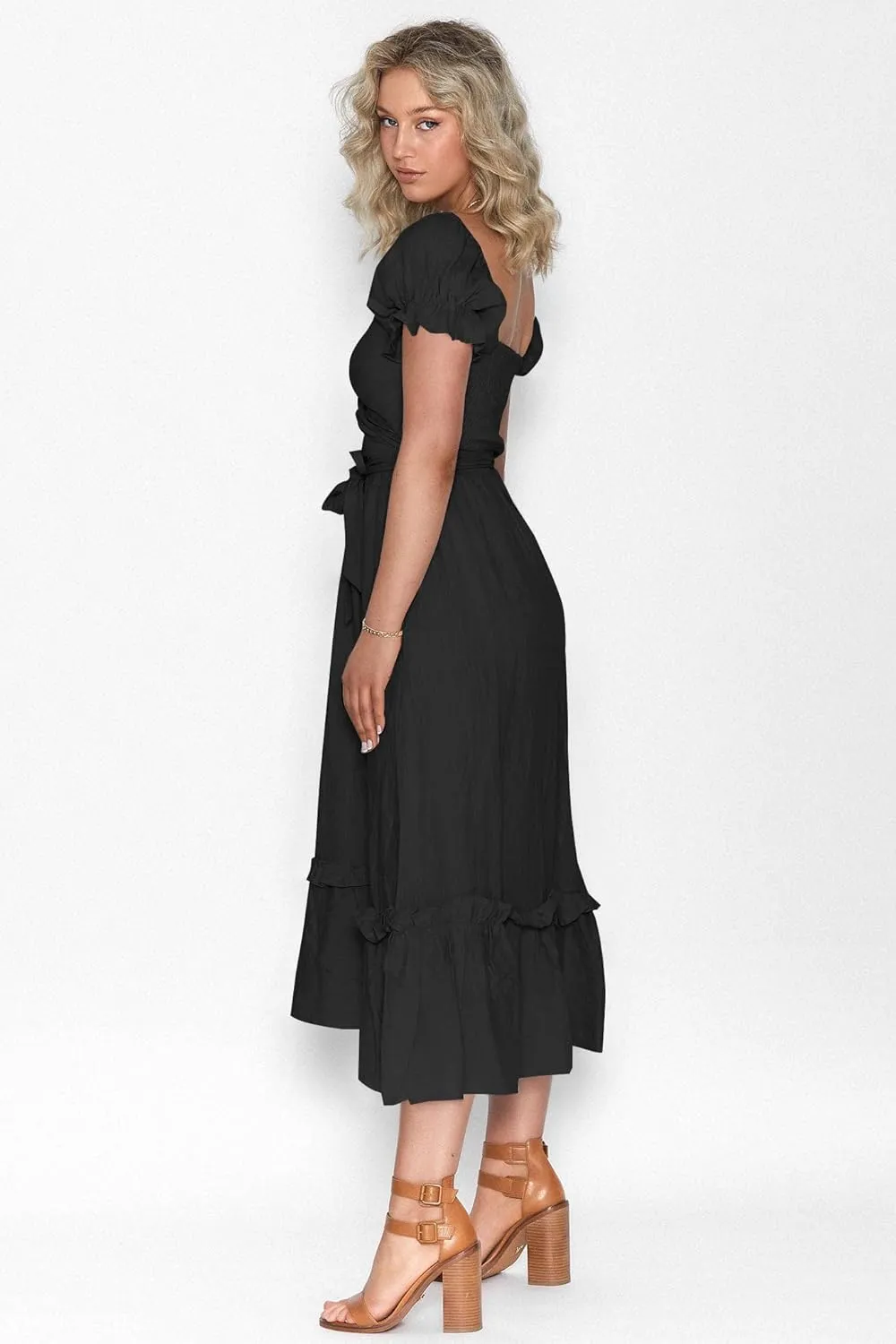 ZAFUL 2023 Boho Maxi Dress for Women A Line Tie Waist Summer Dress Deep V Neck Smocked Wrap Dress
