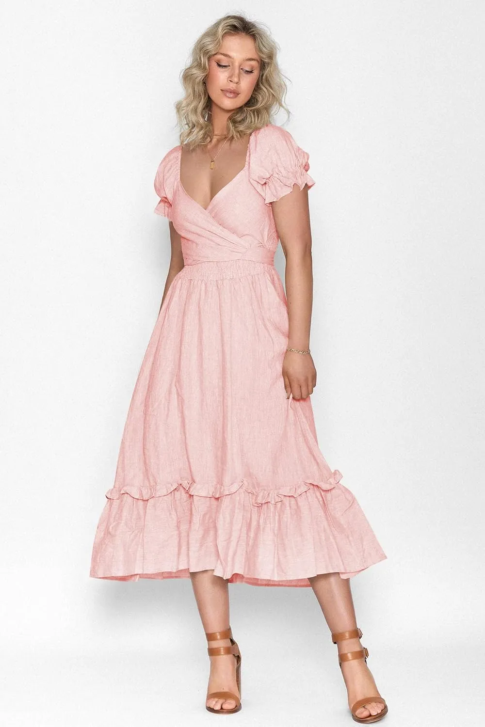 ZAFUL 2023 Boho Maxi Dress for Women A Line Tie Waist Summer Dress Deep V Neck Smocked Wrap Dress