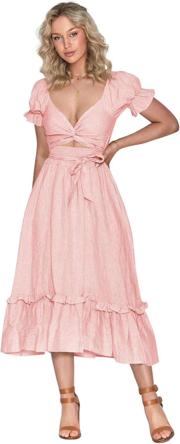 ZAFUL 2023 Boho Maxi Dress for Women A Line Tie Waist Summer Dress Deep V Neck Smocked Wrap Dress