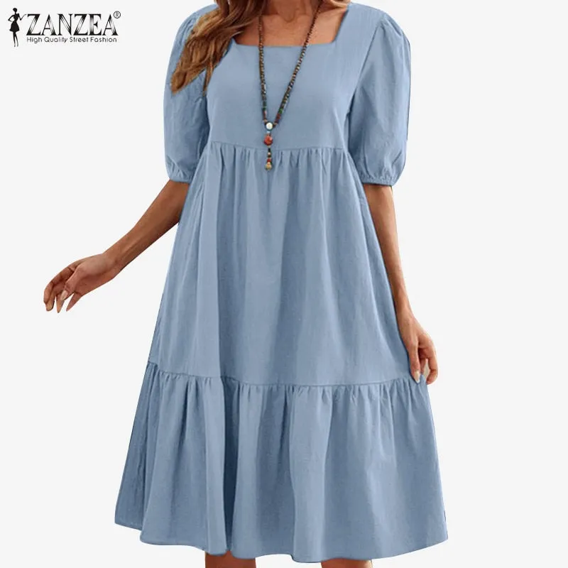 ZANZEA Bohemian Solid Color Elegant Sundress