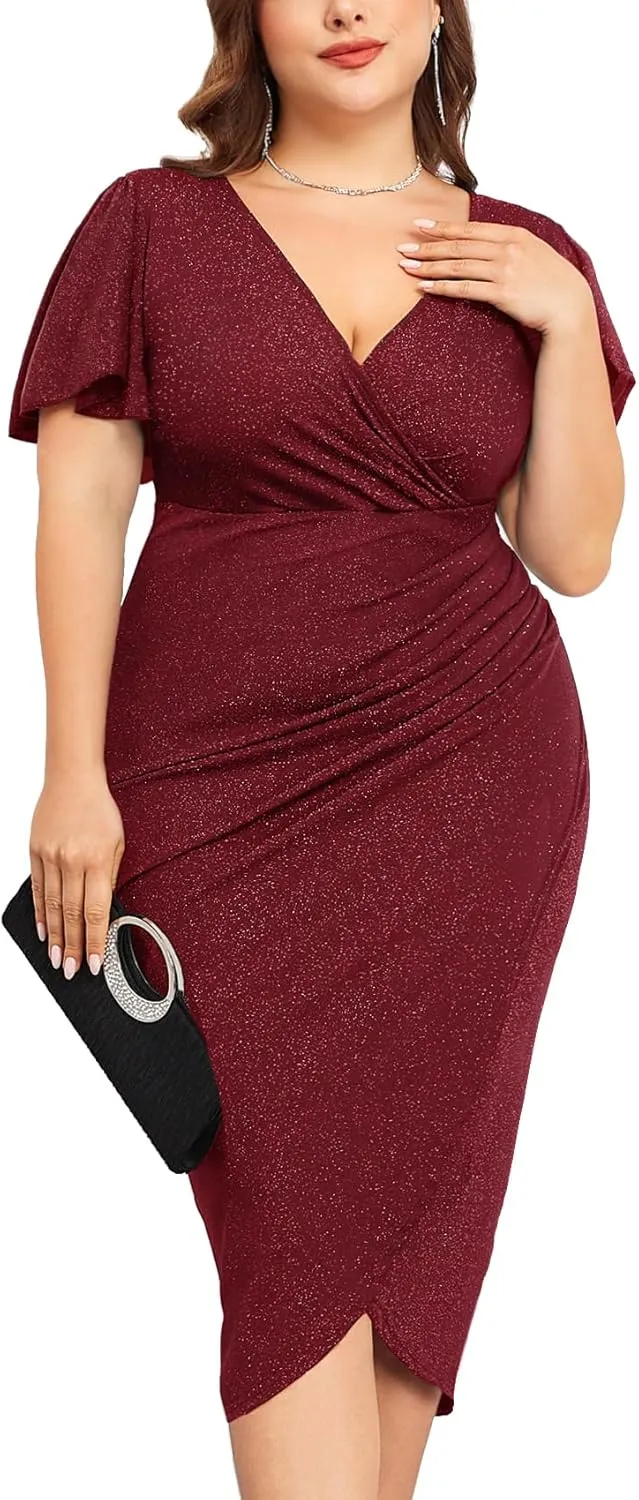ZOMVA Plus Size 0X-4X Sparkly Glitter Ruched Bodycon Midi Dress Sparkle Sequin Wrap Ruffle Sleeve Dress Cocktail Party Formal