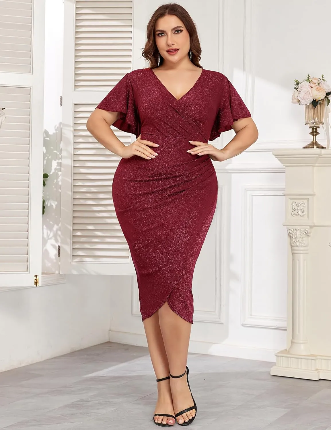 ZOMVA Plus Size 0X-4X Sparkly Glitter Ruched Bodycon Midi Dress Sparkle Sequin Wrap Ruffle Sleeve Dress Cocktail Party Formal