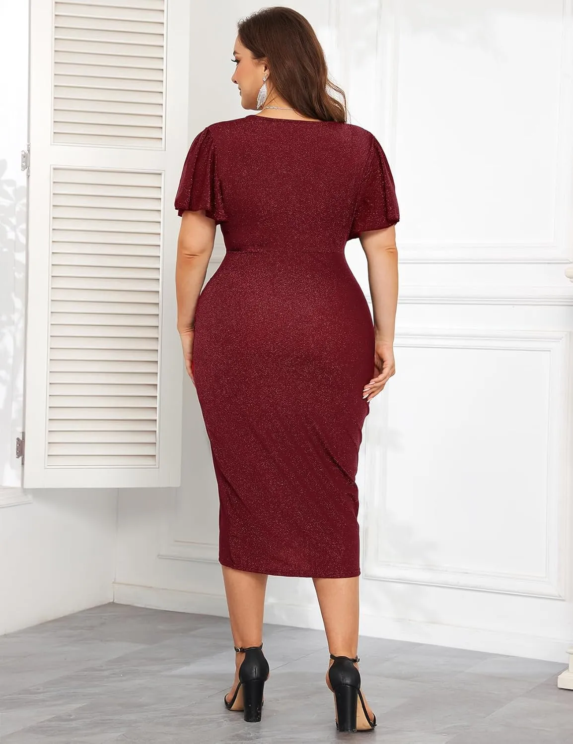 ZOMVA Plus Size 0X-4X Sparkly Glitter Ruched Bodycon Midi Dress Sparkle Sequin Wrap Ruffle Sleeve Dress Cocktail Party Formal
